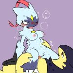  2022 anthro black_nose blue_body blue_fur breasts claws cowgirl_position digital_media_(artwork) duo female from_front_position fur generation_8_pokemon genitals hisuian_form hisuian_typhlosion japanese_text male male/female medium_breasts nintendo nipples on_bottom on_top one_eye_closed orgasm penetration penile penile_penetration penis penis_in_pussy pink_nipples pizademokttero pokemon pokemon_(species) purple_background purple_body purple_fur pussy red_penis regional_form_(pokemon) sex simple_background sneasler text three-quarter_view toe_claws tongue tongue_out vaginal vaginal_penetration video_games yellow_body yellow_fur 