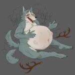 anthro antlers beastars belly big_belly bloated bodily_noises burping canid canine canis cervine corgi_kiwi_(artist) deer fur grey_body grey_fur hi_res horn huge_belly legoshi_(beastars) louis_(beastars) male male/male male_pred male_prey mammal navel nude open_mouth red_deer scar simple_background tail tail_motion tailwag vore wolf