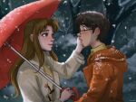  1boy 1girl antenna_hair blush brown_hair chalseu coat english_commentary glasses hand_on_another&#039;s_cheek hand_on_another&#039;s_face highres holding holding_umbrella light_brown_hair long_hair looking_at_another love_hina narusegawa_naru orange_coat red_umbrella short_hair sidelocks smile smoke snow snow_on_head snowing sweater turtleneck turtleneck_sweater umbrella upper_body urashima_keitarou 