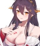  1girl :d bare_shoulders black_hair blush breasts brown_eyes commentary covered_nipples ear_piercing hair_between_eyes hand_on_own_chest haruna_(kancolle) headgear highres ieufg kantai_collection large_breasts long_hair mole mole_on_breast piercing signature simple_background smile solo upper_body white_background 