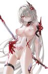  1girl absurdres acheron_(honkai:_star_rail) bare_shoulders blhazx breasts chinese_commentary choker cleavage commentary_request completely_nude cowboy_shot flower grey_hair hair_flower hair_intakes hair_ornament hair_over_one_eye halterneck highres holding holding_sword holding_weapon honkai:_star_rail honkai_(series) large_breasts leg_tattoo long_hair looking_at_viewer navel nude official_alternate_color pubic_tattoo red_eyes red_flower scabbard sheath sheathed simple_background solo standing stomach sword tattoo thigh_strap thighs very_long_hair weapon white_background 