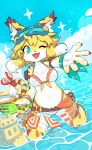 5_fingers absurd_res anthro bikini biped blonde_hair blue_eyes brown_body bubble cheek_tuft chest_tuft claws clothing cloud cute_fangs cygames facial_tuft felid female fingers front_view hair hi_res inner_ear_fluff kemono looking_at_viewer mammal mia_(world_flipper) navel open_:3 open_mouth pantherine partially_submerged pawpads paws ribbons rtari sand_castle sculpture sea solo striped_body stripes swimwear tiger tuft water white_body world_flipper yellow_body