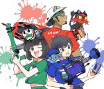  1girl 2boys ;d atsumi_yoshioka bangs black_eyes black_hair black_headwear blue_shirt can clothed_pokemon company_connection crossover dark-skinned_male dark_skin elio_(pokemon) facial_hair goatee goggles green-framed_eyewear green_shirt grin h-3_nozzlenose_(splatoon) hair_bun hat kukui_(pokemon) litten multiple_boys nintendo on_head on_shoulder one_eye_closed over-rim_eyewear paint_splatter pokemon pokemon_(creature) pokemon_(game) pokemon_on_head pokemon_on_shoulder pokemon_sm popplio red_shirt round_teeth selene_(pokemon) semi-rimless_eyewear shirt short_hair short_sleeves single_hair_bun smile splatoon_(series) splatoon_3 starter_pokemon_trio swept_bangs t-shirt teeth tied_shirt upper_teeth white_headwear 