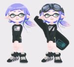  1girl bike_shorts full_body goggles goggles_on_head inkling inkling_girl inkling_player_character long_hair long_sleeves looking_at_viewer memi_(gamemix) multiple_views open_mouth pointy_ears purple_hair shirt shorts simple_background smile solo splatoon_(series) standing white_background 