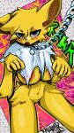 2023 4k 9:16 absurd_res anthro blush breasts brradett chain chain_leash digital_drawing_(artwork) digital_media_(artwork) eeveelution english_text female fur generation_1_pokemon hi_res jolteon leash looking_at_viewer nintendo nude open_mouth paw_pose pokemon pokemon_(species) pose purple_eyes shaded signature solo text yellow_body yellow_fur