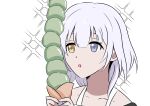  1girl :o bang_dream! bang_dream!_it&#039;s_mygo!!!!! blue_eyes collarbone commentary hashtag-only_commentary heterochromia highres holding holding_ice_cream_cone ice_cream_cone kaname_raana matcha_(food) open_mouth rienz simple_background solo sparkle upper_body white_background white_hair yellow_eyes 