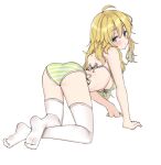  1girl aa211108 all_fours ass bare_legs bare_shoulders barefoot bikini blonde_hair blush breasts dot_mouth dot_nose feet full_body green_bikini green_eyes hair_between_eyes hoshii_miki idolmaster idolmaster_(classic) idolmaster_million_live! idolmaster_million_live!_theater_days legs long_hair looking_at_viewer looking_back medium_breasts parted_bangs side-tie_bikini_bottom sidelocks simple_background soles solo string_bikini striped_bikini striped_clothes swimsuit thighhighs toes wavy_hair white_background white_thighhighs 