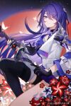  1girl absurdres acheron_(honkai:_star_rail) black_choker black_gloves black_shorts boots chain choker coat detached_sleeves flower gloves hair_over_one_eye highres holding holding_sword holding_weapon honkai:_star_rail honkai_(series) huang_tie_lin leg_tattoo long_hair multicolored_hair purple_eyes purple_hair red_eyes red_flower scabbard sheath sheathed short_shorts shorts single_bare_shoulder solo streaked_hair sword tattoo thigh_boots weapon white_coat 