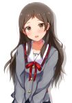  :d black_hair blush buttons collar collarbone commentary_request dot_nose grey_serafuku grey_shirt hair_over_shoulder idolmaster idolmaster_million_live! idolmaster_million_live!_theater_days junior_high_schoolmate_(idolmaster) kitazawa_shiho long_hair long_sleeves looking_at_viewer naruse_nagi neck_ribbon official_alternate_costume open_mouth own_hands_together parted_bangs plaid_collar red_ribbon ribbon school_uniform serafuku shirt sidelocks simple_background smile standing straight-on straight_hair upper_body wavy_hair white_background white_collar yellow_eyes 