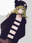  1girl beanie blush_stickers green_eyes green_hair hands_in_pockets hat head_tilt highres jacket long_hair long_sleeves looking_to_the_side maco22 original pom_pom_(clothes) pom_pom_beanie shirt smile solo striped_clothes striped_shirt 