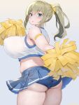  1girl :o ass aymusk bandaid bandaid_on_arm blonde_hair blue_buruma blue_eyes blue_skirt blush breasts buruma cheerleader commentary_request freckles freckles-chan_(aymusk) gradient_background grey_hair hair_between_eyes hair_ornament hair_scrunchie hairclip highres holding holding_pom_poms huge_breasts looking_at_viewer original pom_pom_(cheerleading) ponytail scrunchie shirt simple_background skirt solo standing sweat white_shirt 