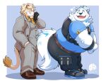 anthro astosis belt blonde_hair blush butt canid canine canis clothing domestic_dog duo felid fur hair heart_symbol lifewonders lion live_a_hero male male/male mammal necktie nordic_sled_dog overweight pantherine samoyed spitz suit teasing topwear uwsponge vest white_body white_fur yohack