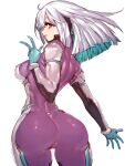  1girl armor ass bodysuit breasts character_request contrapposto copyright_request from_side fumio_(rsqkr) gloves green_gloves highres looking_at_viewer looking_back partially_visible_vulva purple_bodysuit shoulder_armor small_breasts white_hair wide_hips 