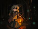  1girl :o black_eyes black_hat blush dark fireflies frilled_skirt frills green_skirt grey_hair hat highres holding holding_lantern komeiji_koishi lantern long_hair long_sleeves reverinth shirt skirt solo standing touhou yellow_shirt 