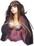  1girl artist_name black_cape black_hair bodystocking breasts brown_eyes cape circlet cleavage closed_mouth commentary commission covered_navel cropped_torso english_commentary fire_emblem fire_emblem_awakening gold_trim jewelry large_breasts lips long_hair looking_at_viewer simple_background skin_tight solo tharja_(fire_emblem) two_side_up vhyrel white_background 