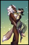 amaverse anthro bee_(bee_art) bee_art black_hair canid canine duo eyewear female glasses hair hi_res huakai hug larger_male looking_at_another looking_at_partner love male mammal maned_wolf size_difference smaller_female white_hair