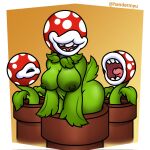 1:1 areola big_breasts breasts brown_background elemental_creature elemental_humanoid eyeless female flora_fauna green_areola green_body green_nipples group handermyu hi_res humanoid leaf leaf_arms lips mario_bros navel nintendo nipples nude open_mouth open_smile piranha_plant plant plant_humanoid plant_pot potted_plant red_body sharp_teeth simple_background smile spots teeth thick_lips thick_thighs trio white_background white_lips white_spots wide_hips