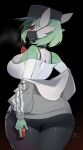  1girl absurdres black_background black_mask breasts condom from_behind gardevoir green_hair grey_jacket highres holding holding_condom jacket large_breasts long_sleeves looking_at_viewer mask mouth_mask pokemon pokemon_(creature) red_eyes shirt short_hair simple_background track_jacket white_shirt yuio58ok 