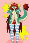  4_horns anthro belly big_belly blue_clothing blush claws clothing dragon eyelashes eyes_closed fangs genitals green_body green_scales green_tail hage hair hi_res horn leggings legwear long_hair male markings multi_horn navel open_mouth open_smile outie_navel paws penis pubes red_hair red_tail scales scalie slightly_chubby smile solo stockings tail_markings tail_tuft tongue tuft white_tail yellow_horn 
