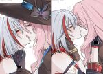  2girls ^_^ baconontheclock bare_shoulders black_bow black_gloves black_hat bow closed_eyes commentary french_kiss gloves grey_eyes hat hat_bow highres honkai:_star_rail honkai_(series) jade_(honkai:_star_rail) kiss long_hair multicolored_hair multiple_girls multiple_views pink_hair red_hair simple_background streaked_hair topaz_(honkai:_star_rail) white_background white_hair yuri 