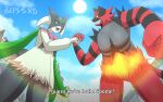  2022 ambiguous_gender animal_humanoid anthro artist_name bepysxd colored digital_drawing_(artwork) digital_media_(artwork) duo english_text felid felid_humanoid feline feline_humanoid felis fist fur generation_7_pokemon generation_9_pokemon gesture handshake hi_res humanoid incineroar leaked_pokemon lens_flare mammal mammal_humanoid meme meowscarada nintendo one_piece pokemon pokemon_(species) shaded signature smile sun text the_one_piece_is_real video_games 