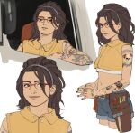  1girl absurdres breasts brown_hair crop_top devil_may_cry_(series) devil_may_cry_5 glasses hair_pulled_back highres hip_tattoo holding leg_tattoo looking_at_viewer medium_breasts nico_(devil_may_cry) shorts smile solo tattoo 