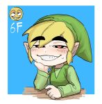 5_fingers blonde_hair blush bodily_fluids border clothing elf emoji fingers hair hat headgear headwear heart_eyes heart_symbol hi_res humanoid humanoid_pointy_ears hylian light_body light_skin looking_pleasured male narrowed_eyes nintendo not_furry oshirimarsh simple_background smile solo sweat the_legend_of_zelda toon_link white_border wind_waker