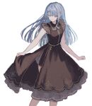  1girl black_dress blue_eyes blue_hair closed_mouth collared_dress dot_nose dress earrings feet_out_of_frame flower frilled_dress frilled_sleeves frills hair_flower hair_ornament highres hip_vent hololive hoshimachi_suisei hoshimachi_suisei_(maid) jewelry long_dress long_hair looking_at_viewer mametarou_(mameji) official_alternate_costume short_sleeves side_slit sidelocks simple_background smile solo standing virtual_youtuber white_background 