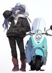  1girl black_jacket black_pants blue_hair boots brown_footwear commentary_request fu-ta full_body gradient_background grey_background hand_in_pocket hood hooded_jacket jacket long_hair looking_at_viewer motor_vehicle motorcycle open_mouth pants purple_eyes shima_rin solo standing yurucamp 