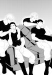  4boys ao_isami arm_around_shoulder bbb_kuro_96 boots character_request couch couple facial_hair hand_on_another&#039;s_chin hand_on_another&#039;s_hand highres lewis_smith male_focus multiple_boys on_couch one_eye_closed ryuji_satake sideburns_stubble sitting smile stubble thick_eyebrows toned toned_male yaoi yuuki_bakuhatsu_bang_bravern 