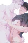  2boys abs black_shirt blush bottomless brown_hair closed_mouth collarbone hand_in_another&#039;s_clothes hand_on_another&#039;s_ass hand_on_another&#039;s_chest highres ilay_riegrow jeong_taeui male_focus multiple_boys nude open_mouth passion_(manhwa) shirt short_sleeves smile teeth twitter_username white_background white_hair whiteislife_4 yaoi 