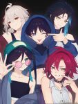  5boys beanie black_hair black_nails blue_hair blue_hoodie choker closed_mouth collared_shirt cropped_hoodie facial_mark finger_gun finger_gun_to_head forehead_mark genshin_impact gradient_hair green_eyes grin hair_between_eyes hat highres hood hood_up hoodie jacket jewelry kaedehara_kazuha long_sleeves looking_at_viewer male_focus mole mole_under_eye multicolored_hair multiple_boys nail_polish off_shoulder okakinako one_eye_closed open_clothes open_jacket piercing red_eyes red_hair ring round_eyewear scaramouche_(genshin_impact) shikanoin_heizou shirt simple_background sleeveless smile streaked_hair tongue tongue_out tongue_piercing twitter_username venti_(genshin_impact) white_hair white_shirt xiao_(genshin_impact) yellow_eyes 