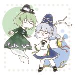  2girls bangs black_headwear blue_headwear chibi closed_mouth commentary_request detached_sleeves dress frilled_sleeves frills ghost_tail green_dress green_hair grey_hair hat highres japanese_clothes long_sleeves mashumaro_toho mononobe_no_futo multiple_girls o_o ofuda ofuda_on_clothes open_mouth pale_skin ponytail short_hair smile soga_no_tojiko tate_eboshi touhou 