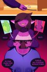  2022 absurd_res anthro belly big_breasts bottomwear breasts brown_hair chubby_anthro chubby_female clothing comic deltarune dialogue english_text female hair hi_res huge_breasts huge_thighs human jacket kris_(deltarune) lizard magazine mammal navel pants porn_magazine pornography profanity purple_body purple_skin reptile scalie shirt slightly_chubby solohair standing susie_(deltarune) svarzye teeth text thick_thighs topwear undertale_(series) video_games yellow_eyes 