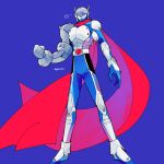  1boy belt_buckle blue_background blue_bodysuit bodysuit buckle digimon digimon_(creature) helmet justimon male_focus mechanical_arms pg_enaena red_scarf scarf simple_background single_mechanical_arm solo twitter_username white_background 