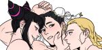 3girls arm_above_head arm_up bare_shoulders black_eyes black_hair black_nails blonde_hair braid bun_cover cammy_white chun-li copyright_request cropped double_bun efd eyeshadow hair_bun hair_horns hair_ornament hair_tie han_juri hand_on_another&#039;s_face light_frown looking_at_another looking_to_the_side makeup multiple_girls scar scar_on_face sexually_suggestive short_hair smile street_fighter teeth white_background yuri 