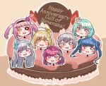  6+girls :d absurdres ahoge anniversary aqua_hair asymmetrical_bangs bangs blonde_hair blue_eyes blue_hair blunt_bangs blunt_ends blush_stickers braid cake chun_meiyui commission dot_nose double_bun english_commentary english_text eyepatch flower food french_braid green_eyes grey_eyes grey_hair hair_bun hair_flower hair_ornament hair_ribbon hairclip head_only highres long_hair looking_at_viewer magia_record:_mahou_shoujo_madoka_magica_gaiden mahou_shoujo_madoka_magica medium_hair mikuri_ayame mogu_m.g multiple_girls natsume_kako one_eye_covered open_mouth outline pink_flower pink_hair purple_eyes purple_hair ribbon second-party_source shinobu_akira_(madoka_magica) shizumi_konoha short_hair side_braid side_ponytail sidelocks smile swept_bangs teeth tokiwa_nanaka twin_braids twintails two_side_up upper_teeth v-shaped_eyebrows white_flower white_outline white_ribbon yellow_eyes yellow_flower yusa_hazuki 