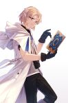  1boy bag black_gloves black_pants blonde_hair blue_eyes book braid character_request coat commentary_request destiny_unchain_online:_kyuuketsuki_shoujo_to_natte_yagate_aka_no_maou_to_yobareru_you_ni_narimashita elf glasses gloves grey_shirt hand_up highres holding holding_book looking_at_viewer official_art pants pointy_ears shirt short_hair shoulder_bag simple_background smile solo standing white_background white_coat yachimoto 