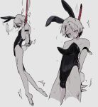  1boy animal_ears bare_legs blush bound bound_legs bound_wrists cum cum_in_mouth cum_on_body fucafucamold full-face_blush hanging highres male_focus nipples open_mouth original playboy_bunny rabbit_ears rabbit_tail solo_focus tail tears tongue tongue_out white_background 
