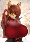  big_breasts breasts brown_eyes brown_hair canid canine canis clothing gloves hair handwear hi_res intersex kasaler looking_at_viewer mammal nipple_outline portrait ribbed_clothing ribbed_sweater snow solo sweater topwear turtleneck winter wolf 