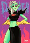  2018 alien alien_humanoid big_breasts bottomwear breasts clothed clothing disney eyebrows eyelashes female fingers freckles gloves green_body green_skin hair handwear hi_res humanoid humanoid_pointy_ears long_hair looking_at_viewer lord_dominator midriff noseless not_furry open_mouth portrait red_sclera shion_humine signature solo standing teeth three-quarter_portrait tongue topwear wander_over_yonder white_hair 
