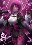  1girl breasts eyewear_on_head gloves high-waist_shorts highres honkai:_star_rail honkai_(series) kafka_(honkai:_star_rail) kiyo_(chaoschyan) large_breasts long_hair long_sleeves looking_at_viewer pantyhose purple_eyes purple_gloves purple_hair purple_pantyhose round_eyewear shorts smile solo sunglasses 