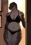 anthro big_breasts bra breasts brown_body brown_scales cleavage clothed clothing dinosaur eyebrow_piercing facial_piercing female front_view hi_res navel nose_piercing nose_ring panties piercing reptile ring_piercing scales scalie slightly_chubby slightly_chubby_female solo standing_in_doorway underwear wandcroatia