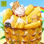  artist_logo artist_name blue_sky cloud dog food food_focus fruit highres no_humans original pineapple rainbow sheep sky sparkle whipped_cream yuki00yo 