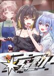  3girls ^_^ absurdres alcohol bare_shoulders black_hair black_shirt blonde_hair blue_dress blue_hair blush breasts brown_hair cleavage closed_eyes collarbone cometik_(idolmaster) cover cover_page cup doujin_cover dress ear_piercing eating feeding fingernails food green_shirt head_scarf highres holding holding_cup holding_food idolmaster idolmaster_shiny_colors ikaruga_luca ikuta_haruki japanese_clothes looking_at_another manjukannon multicolored_hair multiple_girls nail_polish off-shoulder_shirt off_shoulder onigiri piercing shirt smile streaked_hair sushi suzuki_hana two-tone_hair wine 