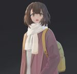  1girl :o backpack bag black_background brown_eyes brown_hair coat crying crying_with_eyes_open long_sleeves looking_at_viewer original present_art scarf short_hair tears upper_body white_scarf 
