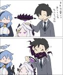  1boy 2girls :&lt; =_= ako_(blue_archive) bear_trap bell black_gloves black_hair black_halo blue_archive blue_hair blue_halo demon_horns doodle_sensei_(blue_archive) gloves grey_suit hair_ornament hairclip halo headpat highres hina_(blue_archive) hong_hongcha horns jitome long_hair multiple_girls multiple_horns neck_bell parted_bangs purple_eyes sensei_(blue_archive) sensei_(blue_archive_the_animation) smile suit thumbs_up translation_request upper_body white_background white_hair 