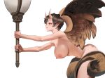  1girl absurdres ass bird_wings breasts brown_eyes brown_hair brown_wings commentary completely_nude curly_hair english_commentary highres holding_lamp horns large_breasts leaning_forward looking_to_the_side navel nipples nude original pointy_ears short_hair simple_background smile solo white_background wings wonbin_lee 