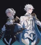  1boy 1girl armor armored_leotard ascot black_armor black_background black_hairband blue_cape brooch cape closed_mouth commentary_request corrin_(female)_(fire_emblem) corrin_(fire_emblem) corrin_(male)_(fire_emblem) fire_emblem fire_emblem_fates grey_hair hair_between_eyes hairband hand_on_own_hip highres jewelry leotard official_alternate_costume official_alternate_hairstyle oratoza pauldrons pointy_ears red_eyes serious short_hair shoulder_armor simple_background white_armor white_ascot 