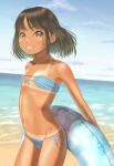  1girl beach bikini black_hair blue_bikini blue_sky brown_eyes cloud commentary_request flat_chest floating_hair highres holding holding_swim_ring horizon innertube looking_at_viewer navel ocean original short_hair side-tie_bikini_bottom sky smile solo swim_ring swimsuit tan tanlines uzuki_mei water wind 